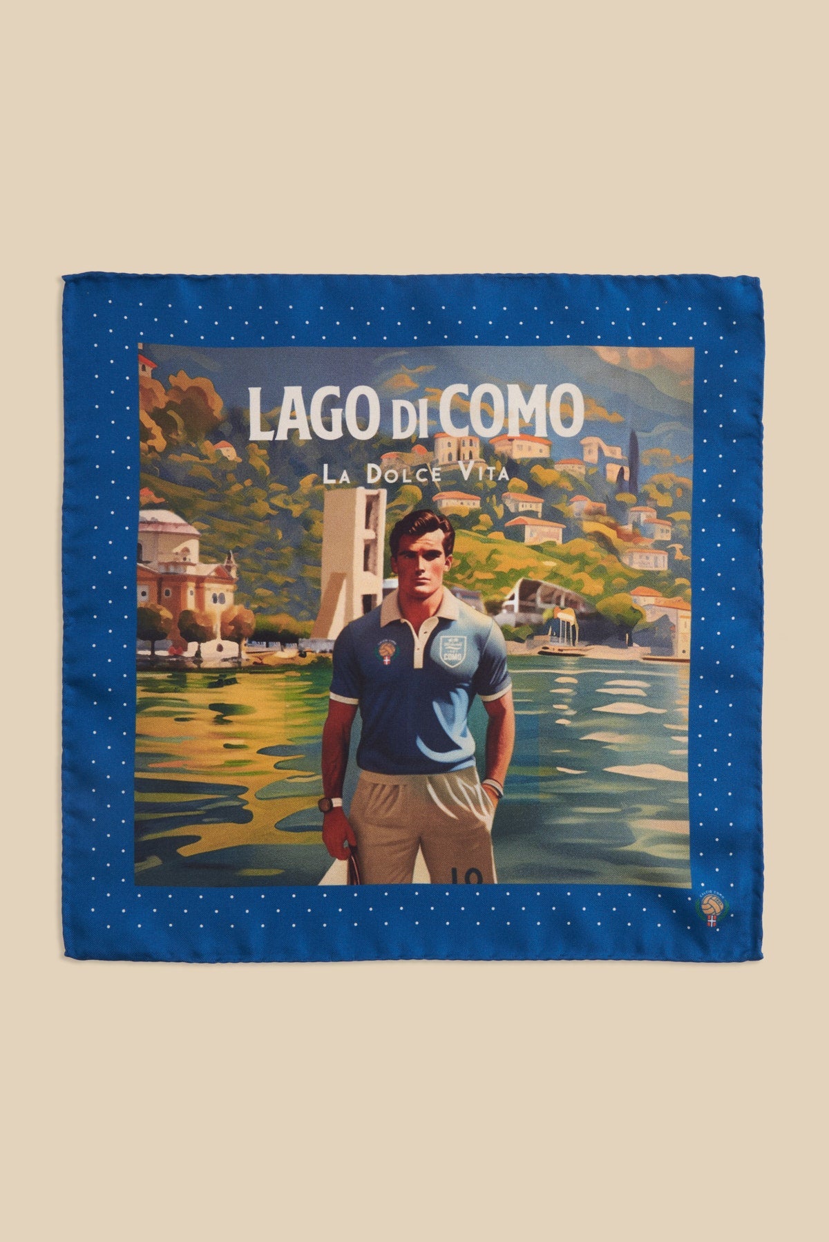 Printed Silk Handkerchief with Soccer Player and Como in Back