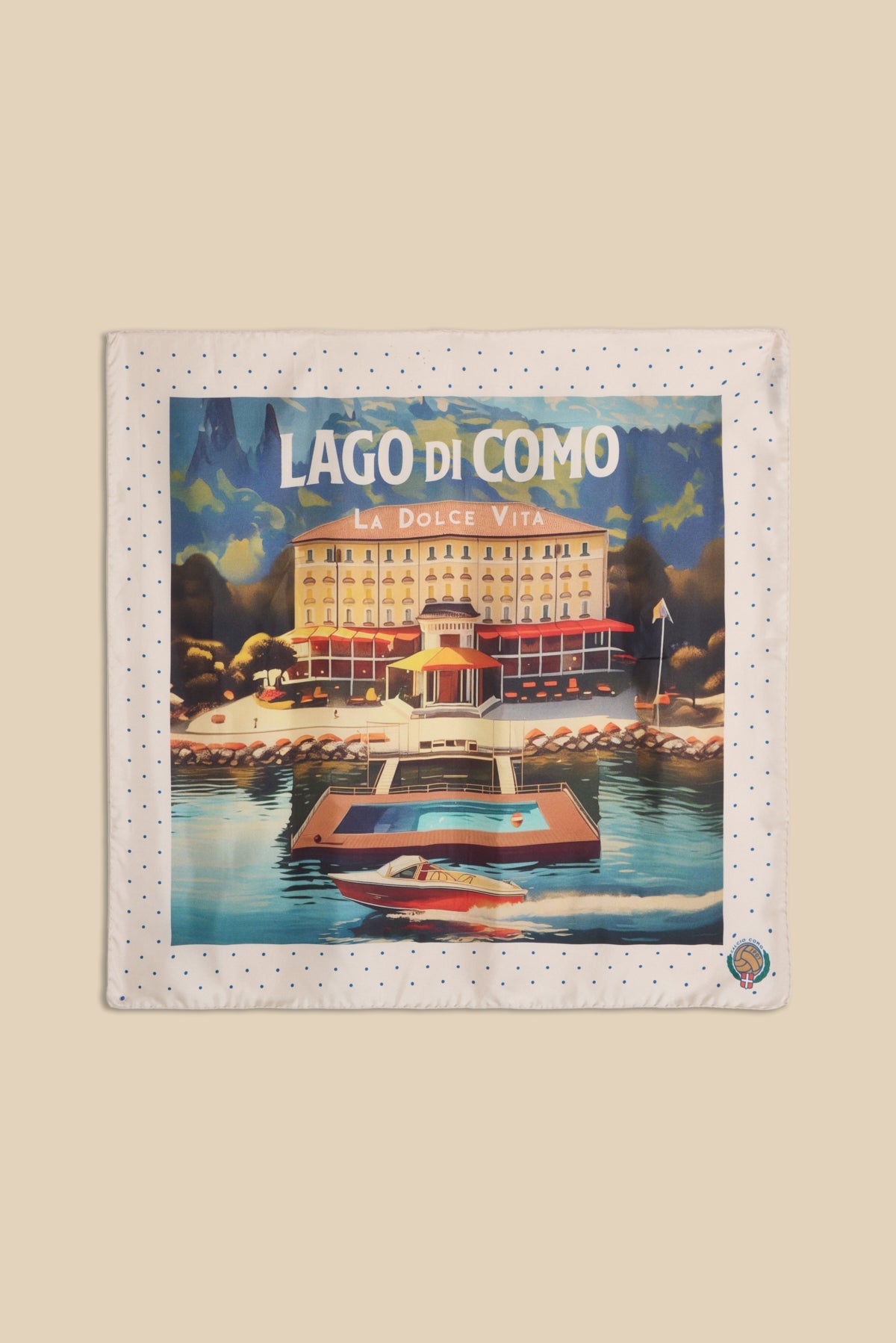 Printed Silk Foulard with Villa and Boat “Dolce Vita”
