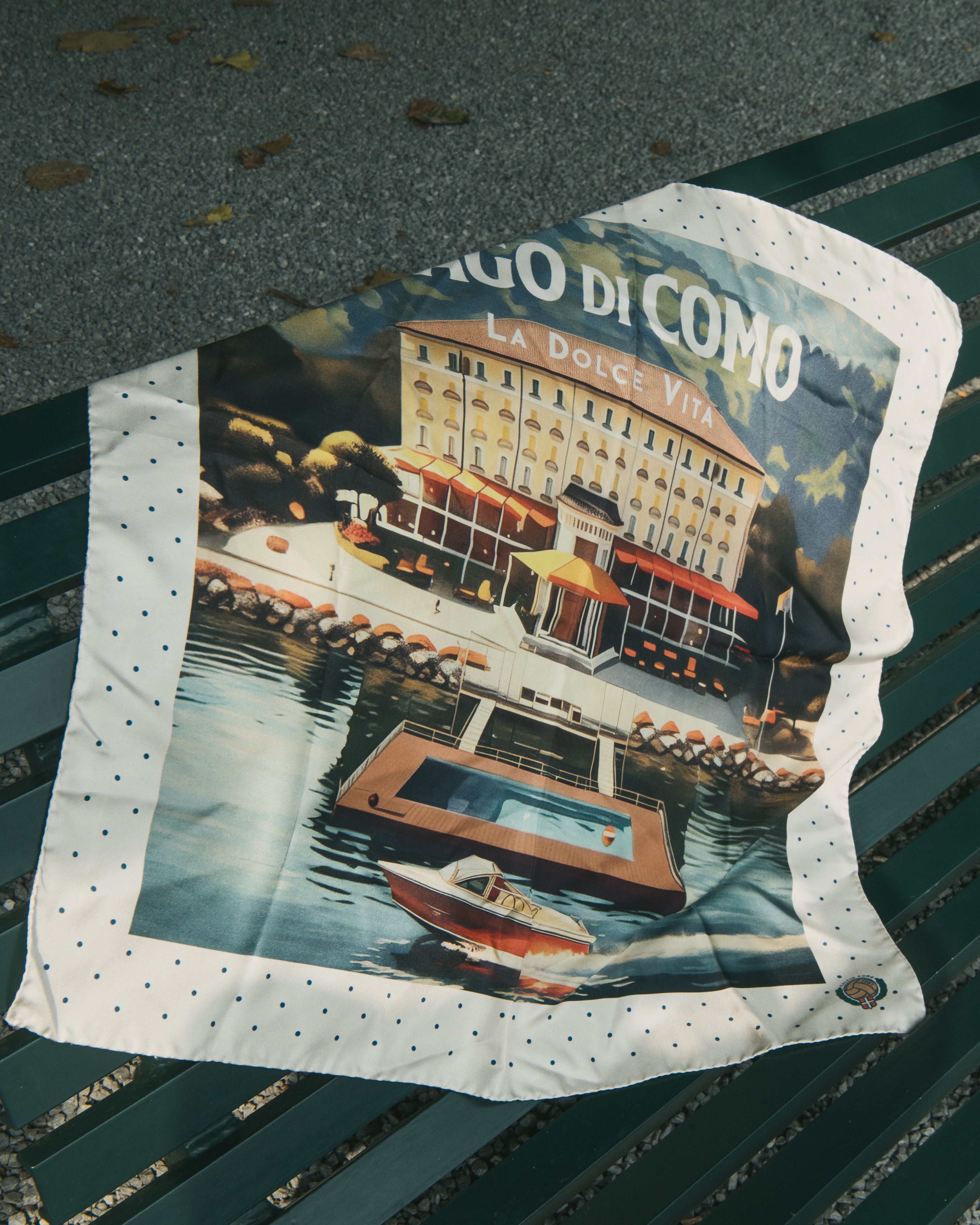 Printed Silk Foulard with Villa and Boat “Dolce Vita”
