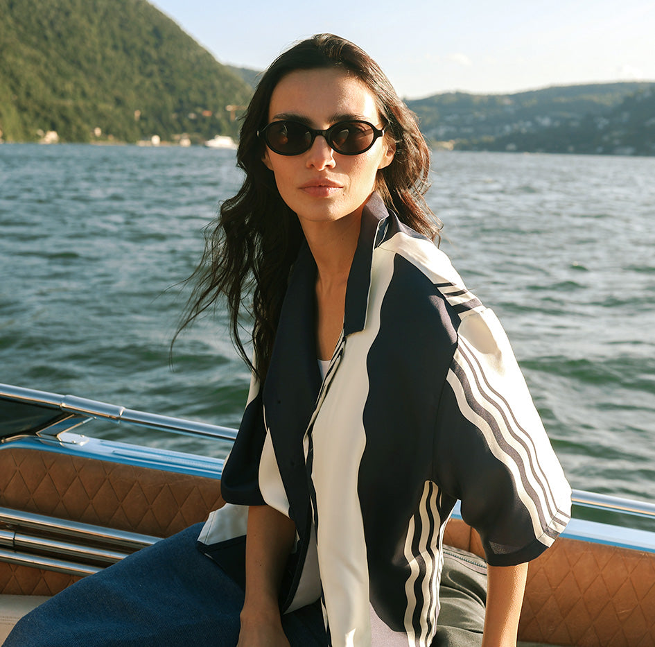 Como Cup Silk Shirt Navy Blue Waves
