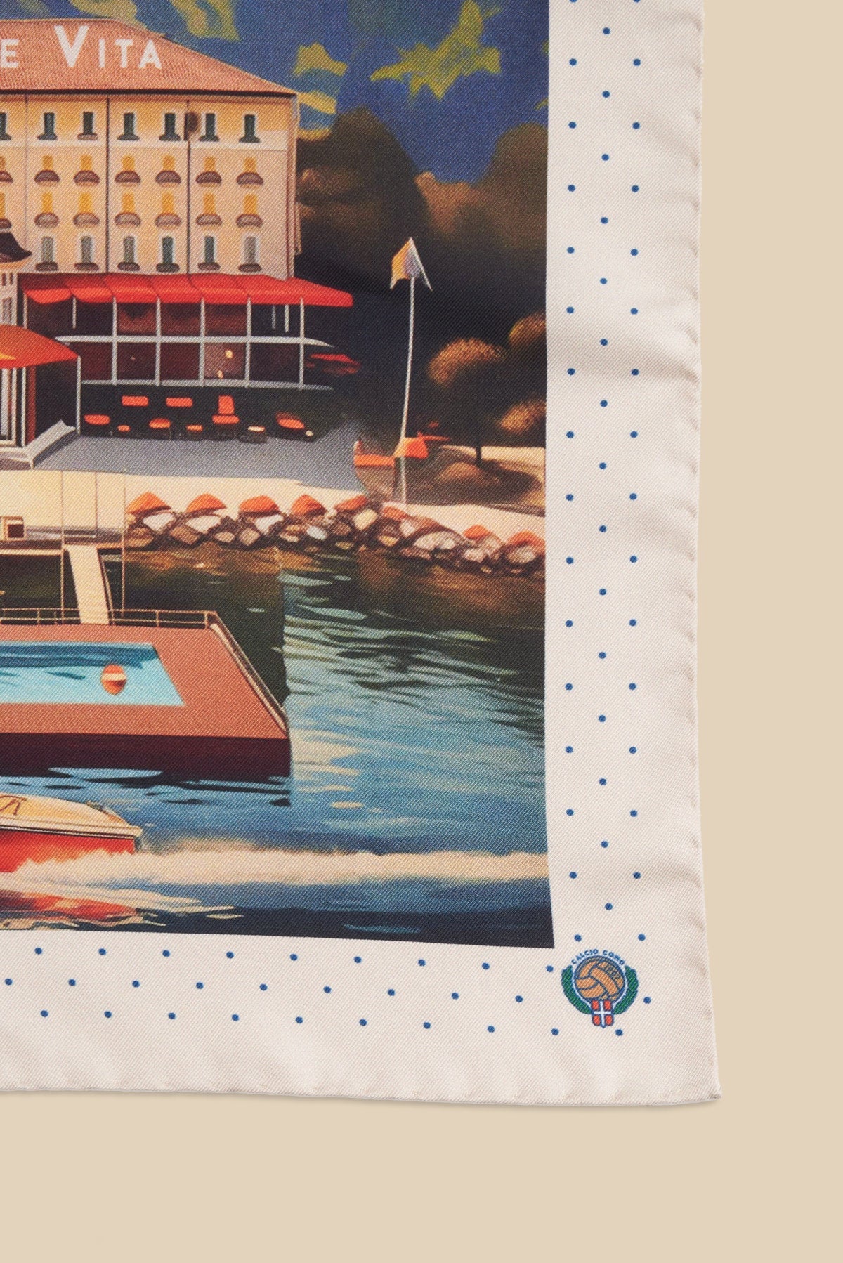 Printed Silk Handkerchief with Villa and Boat