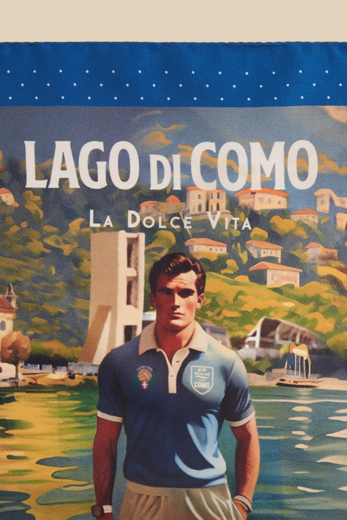 Printed Silk Handkerchief with Soccer Player and Como in Back