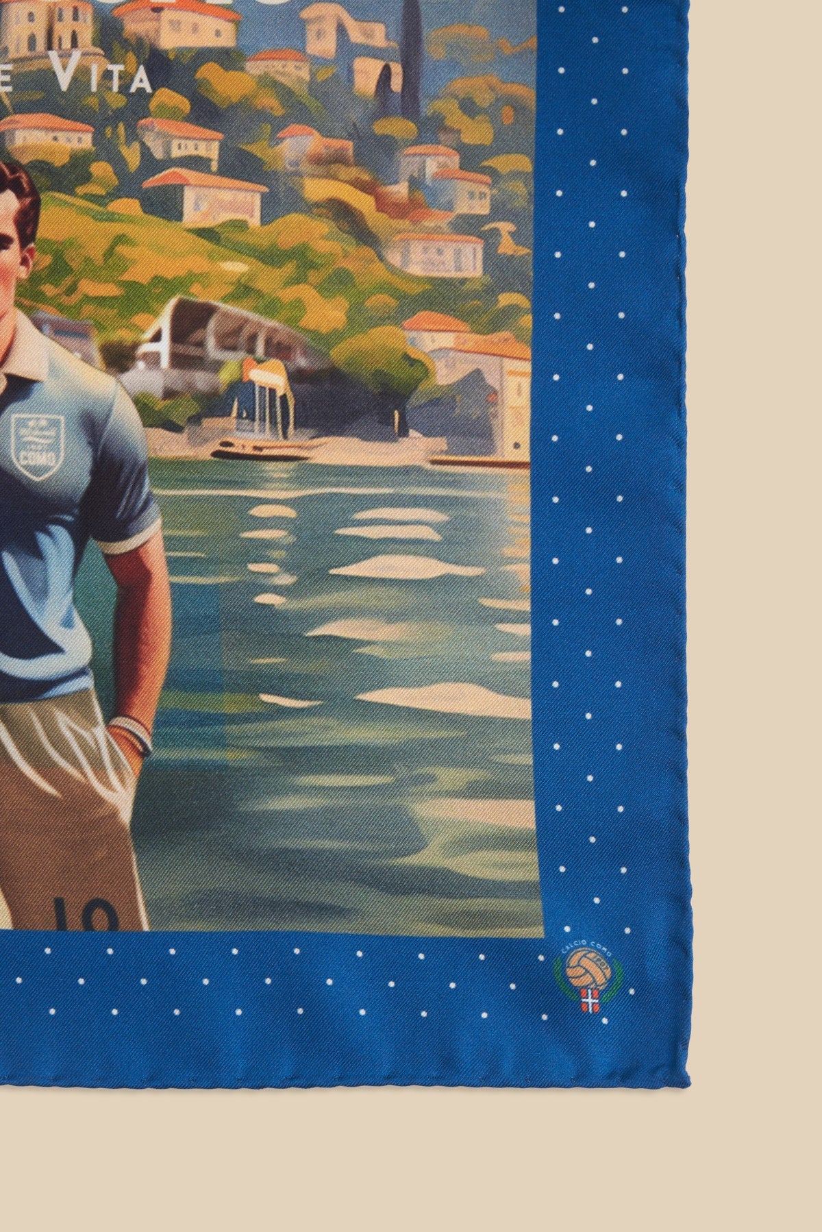 Printed Silk Handkerchief with Soccer Player and Como in Back