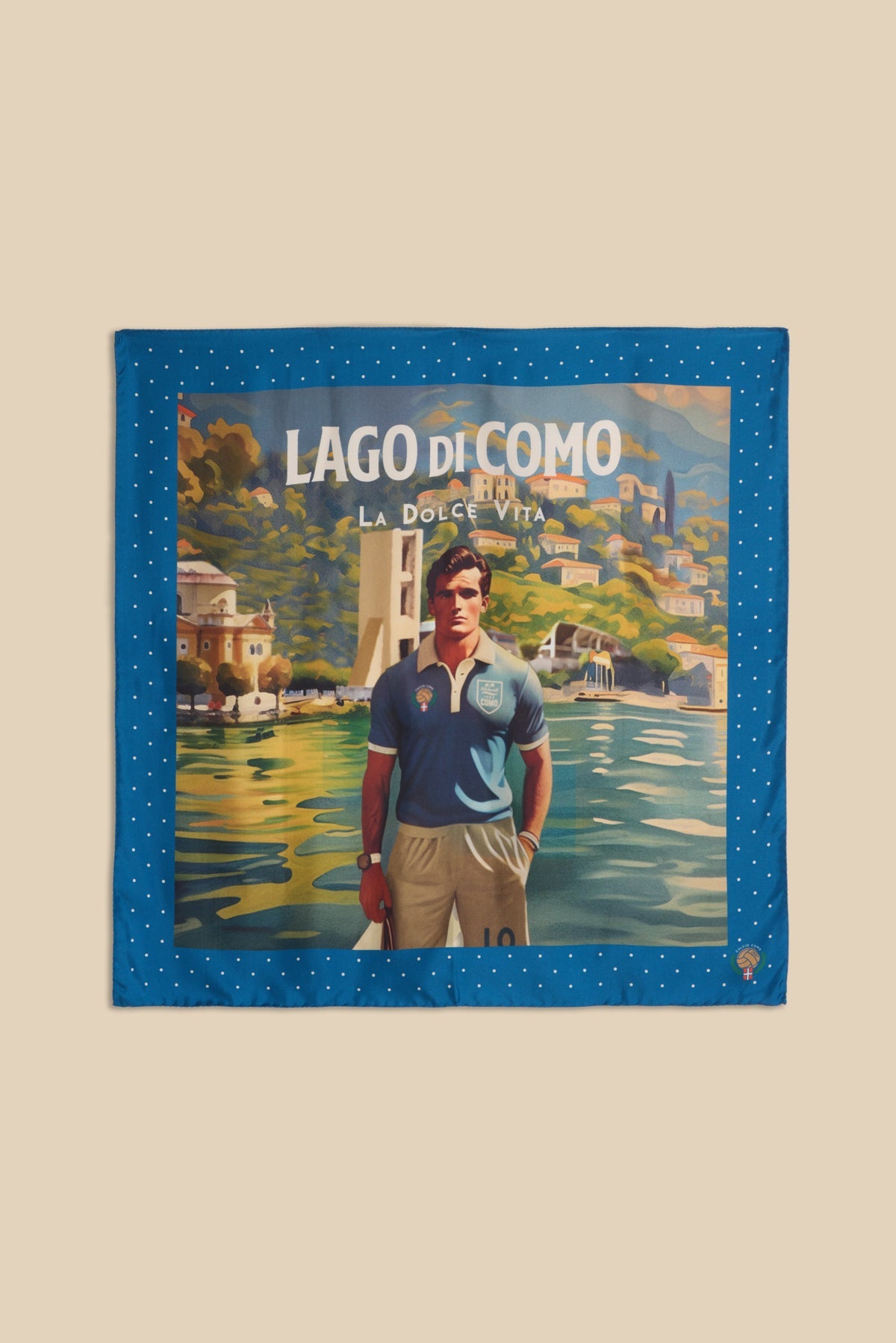 Printed Silk Foulard with Soccer Player and Como in Back
