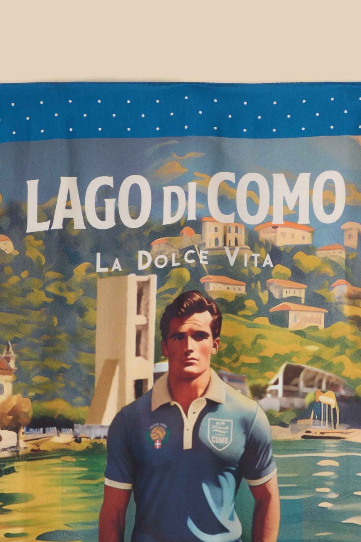 Printed Silk Foulard with Soccer Player and Como in Back