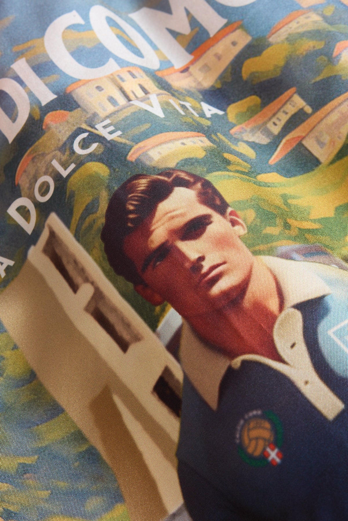Printed Silk Foulard with Soccer Player and Como in Back