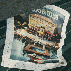 Printed Silk Foulard with Villa and Boat “Dolce Vita”